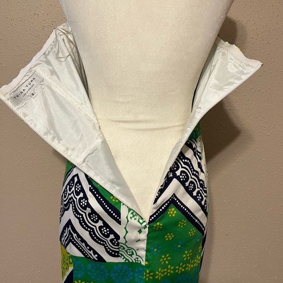 Sz 4 Trina Turk Green & Blue Strapless Sheath Mini Dress Mixed Pattern - Picture 11 of 17